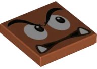 LEGO onderdeel Tile 2 x 2 with Black Eyebrows, Dark Brown and White Eyes Looking Left, Neutral Mouth with Bottom Fangs Pattern (Super Mario Goomba Face) 3068pb1503