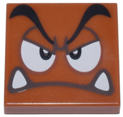 LEGO onderdeel Tile 2 x 2 with Black Eyebrows, Dark Brown and White Eyes Looking Straight Partially Closed, Angry Frown with Bottom Fangs Pattern (Super Mario Goomba Face) (3068pb2155)