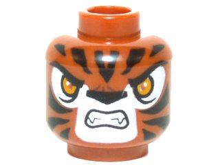 LEGO part Minifigure, Head Alien Chima Tiger with Bright Light Orange Eyes, Black Nose and Stripes, White Snout and Eye Shadow, Open Mouth Snarl with Fangs Pattern (3626pb1299)