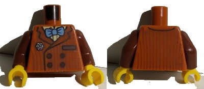 LEGO onderdeel Torso Suit with Buttons, Pocket, Bright Light Yellow Shirt, Medium Blue Bow Tie, Silver Brooch Pattern / Reddish Brown Arms / Yellow Hands (973pb3854c01)