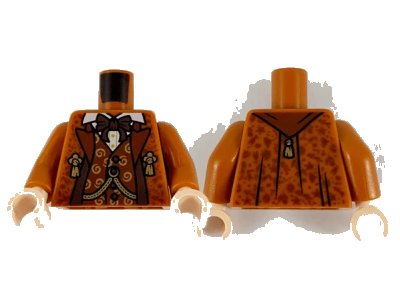 LEGO onderdeel Torso Jacket with Reddish Brown Lapels and Vest, Dark Brown Bow Tie and Trim, Gold Chain and Tassels Pattern / Dark Orange Arms / Light Nougat Hands (973pb3983c01)