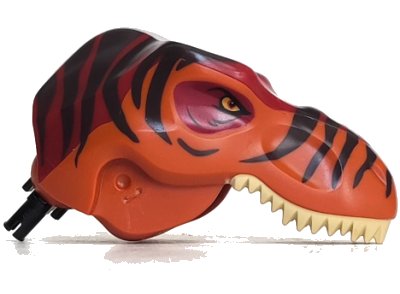 LEGO part Dinosaur Head Tyrannosaurus rex with Pin, Tan Teeth, Dark Red Top and Dark Brown Stripes Pattern (98161c01pb01)