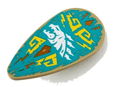 LEGO onderdeel Minifigure, Shield Ovoid with White Dragon Head and Bright Light Orange Filigree on Dark Turquoise Background Pattern (2586pb009)