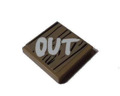 LEGO onderdeel Tile 2 x 2 with White 'OUT' on Wood Grain Background Pattern (Sticker) - Set 70640 (3068pb1233)