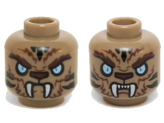 LEGO onderdeel Minifigure, Head Dual Sided Alien Chima Tiger with Fur, Fangs, Light Blue Eyes and Black Stripes, Neutral / Angry Pattern (Strainor) (3626pb1467)