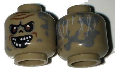 LEGO onderdeel Minifigure, Head Alien with Reddish Brown Lines and Eyes, Gray Splotches and Missing Teeth Pattern (3626pb1648)