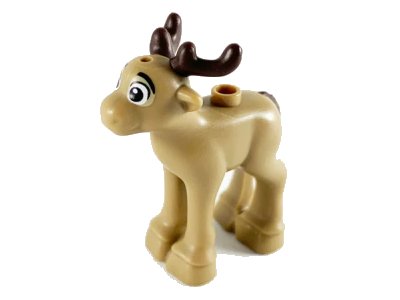 LEGO onderdeel Reindeer, Fawn with Molded Dark Brown Antlers and Tail and Printed Black Eyes and Eyebrows Pattern (60436pb01)