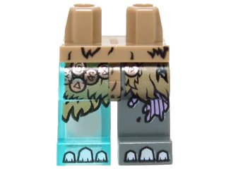 LEGO onderdeel Hips and 1 Dark Bluish Gray Left Leg, 1 Trans-Light Blue Right Leg with Fur, Copper Pendants, Medium Lavender Sinew Patches and White Toenails Pattern (970d22pb02)