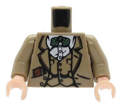 LEGO onderdeel Torso Indiana Jones Vest, Jacket, Dark Green Bow Tie, and Diary in Pocket Pattern / Dark Tan Arms / Light Nougat Hands (973pb0132c01)