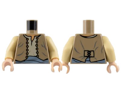 LEGO onderdeel Torso Merchant Vest Open with Gold Buttons over Tan Shirt, Sand Blue Sash, Nougat Neck Pattern / Tan Arms / Light Nougat Hands (973pb0643c01)