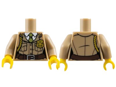 LEGO onderdeel Torso Jacket with Pockets, Gold Badge and Braid, Olive Green Tie Pattern / Dark Tan Arms / Yellow Hands (973pb0986c01)
