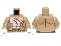 LEGO part Torso Bare Chest with Muscles Outline, Dark Red Scars, Brown and Gold Belt with Dark Azure Round Jewel (Chi) Pattern / Dark Tan Arms / White Hands 973pb1297c01