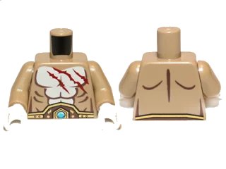 LEGO onderdeel Torso Bare Chest with Muscles Outline, Dark Red Scars, Brown and Gold Belt with Dark Azure Round Jewel (Chi) Pattern / Dark Tan Arms / White Hands (973pb1297c01)