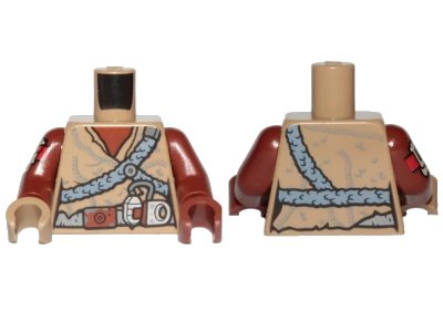 LEGO onderdeel Torso Female Tunic and Sand Blue Plaited Belts Pattern / Reddish Brown Arms and Red and White Armor Plate Pattern on Right / Reddish Brown Hand Left / Dark Tan Hand Right (973pb3860c01)