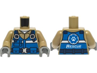 LEGO onderdeel Torso Blue Vest with Pockets, White Stripe, Dark Blue Belt with Buckle, Wildlife Rescue Logo on Back Pattern / Dark Tan Arms / Dark Bluish Gray Hands (973pb4353c01)