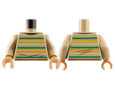 LEGO onderdeel Torso Sweater with Bright Light Orange, Green, and Tan Stripes, Reddish Brown Hems and Wrinkles Pattern / Dark Tan Arms / Medium Nougat Hands (973pb4822c02)