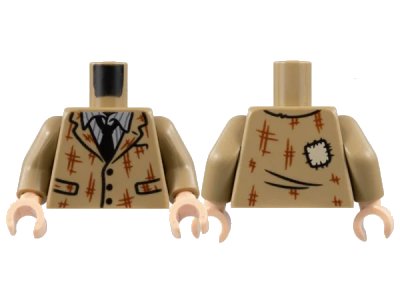 LEGO onderdeel Torso Jacket with Reddish Brown Scuffs and Hashmarks, Striped Shirt, Black Tie, Patch on Back Pattern / Dark Tan Arms / Light Nougat Hands (973pb4906c01)