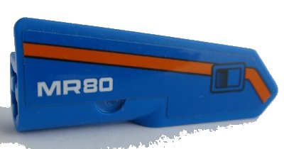 LEGO part Technic, Panel Fairing #22 Very Small Smooth, Side A with White 'MR80', Orange Stripe, and Black Door Handle Pattern (Sticker) - Set 42071 (11947pb065)