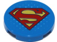 LEGO part Tile, Round 2 x 2 with Bottom Stud Holder with Red and Yellow Superman 'S' Logo Pattern 14769pb177
