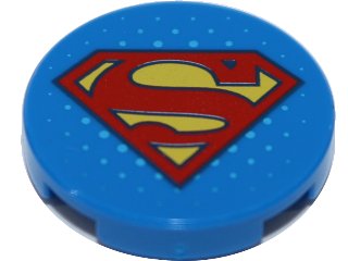 LEGO part Tile, Round 2 x 2 with Bottom Stud Holder with Red and Yellow Superman 'S' Logo Pattern (14769pb177)