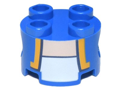 LEGO onderdeel Brick, Round 2 x 2 with Pin Holes with Vest Open with Bright Light Orange and Dark Blue Trim over White Shirt, Light Nougat Neck Pattern (Super Mario Toad / Blue Toad Torso) (17485pb007)