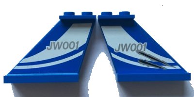 LEGO part Tail 4 x 1 x 3 with White Curved Stripes and 'JW001' on Blue Background Pattern on Both Sides (Stickers) - Set 75915 (2340pb057)