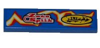 LEGO part Tile 1 x 4 with 'Zoto Spiik' and 'SLIPPY RACING OIL' over Electric Spark Pattern Model Left Side (Sticker) - Set 8303 2431pb0175L
