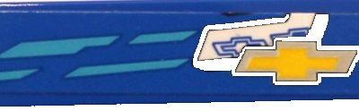 LEGO onderdeel Tegel 1 x 4 met Medium Azure Strepen en Geel en Zilver Chevrolet Logo Patroon Model Linkerkant (Sticker) - Set 75891 (2431pb0814L)