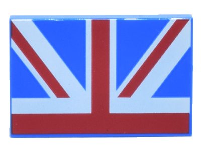 LEGO part Tile 2 x 3 with Red, Blue, and White Union Jack Flag Half Pattern (26603pb241)
