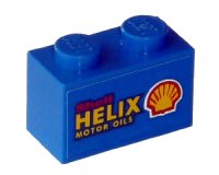 LEGO part Brick 1 x 2 with Red 'Shell', Yellow 'HELIX MOTOR OILS', and Shell Logo Pattern on Both Sides (Stickers) - Sets 1253-1 / 1254-1 3004pb069