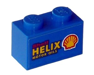 LEGO part Brick 1 x 2 with Red 'Shell', Yellow 'HELIX MOTOR OILS', and Shell Logo Pattern on Both Sides (Stickers) - Sets 1253-1 / 1254-1 (3004pb069)
