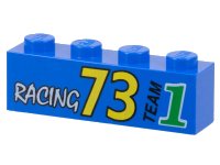 LEGO onderdeel Brick 1 x 4 with White 'RACING', Yellow '73', Black 'TEAM', and Green Number 1 Pattern 3010pb015