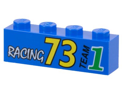 LEGO onderdeel Brick 1 x 4 with White 'RACING', Yellow '73', Black 'TEAM', and Green Number 1 Pattern (3010pb015)