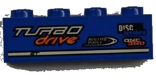 LEGO onderdeel Brick 1 x 4 with 'TURBO drive', 'DISC breakers' and 'ONE' Pattern Model Left Side (Sticker) - Set 8197 (3010pb151L)