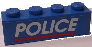 LEGO part Brique 1 x 4 with White 'POLICE' Red Line on Blue Background Pattern (Sticker) - Set 3314 (3010pb174)