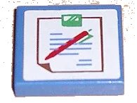 LEGO part Tile 2 x 2 with Hospital Chart with Brown Outline, Blue Text, and Red and Green Pen Pattern (Sticker) - Sets 5874 / 5875 / 5876 3068pb0118