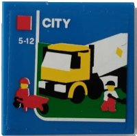 LEGO part Tile 2 x 2 with Truck, Minifigures, Wheelbarrow, Red Square, White 'CITY', and '5-12' Pattern (Sticker) - Set 60022 3068pb1220