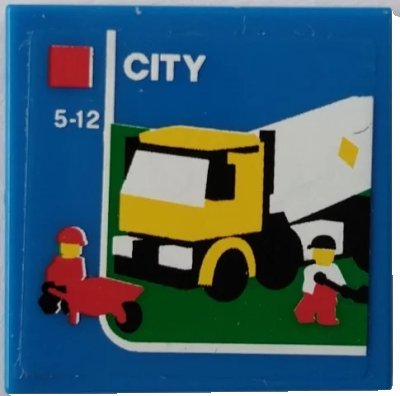 LEGO onderdeel Tile 2 x 2 with Truck, Minifigures, Wheelbarrow, Red Square, White 'CITY', and '5-12' Pattern (Sticker) - Set 60022 (3068pb1220)