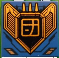 LEGO part Tile 2 x 2 with Dark Blue Lines and Gold and Black Engine with Ninjago Logogram Letter J in Square Pattern 3068pb2168