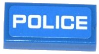 LEGO part Tile 1 x 2 with White 'POLICE' Thin Font on Blue Background Pattern (Sticker) - Sets 60041 / 60047 3069pb0296