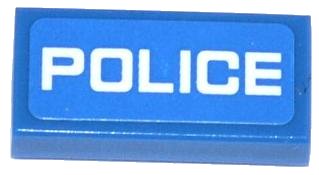 LEGO part Tile 1 x 2 with White 'POLICE' Thin Font on Blue Background Pattern (Sticker) - Sets 60041 / 60047 (3069pb0296)