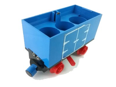 LEGO onderdeel Train Battery Box Car with Three Contact Holes, Red Switch Lever, Blue and Red Magnets, and Red Wheels with Hinged Doors Pattern on Both Sides (Stickers) - Set 7720 (3443c09pb01)