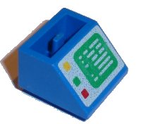 LEGO part Slope, Inverted 45 2 x 2 with Flat Bottom Pin with Green Computer Screen on White Background, Red, Green, and Yellow Buttons on Right Side Pattern 3660p01