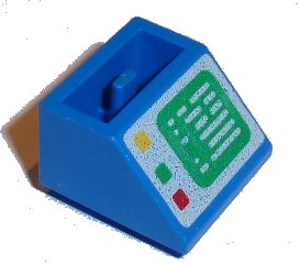 LEGO part Slope, Inverted 45 2 x 2 with Flat Bottom Pin with Green Computer Screen on White Background, Red, Green, and Yellow Buttons on Right Side Pattern (3660p01)