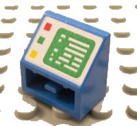 LEGO onderdeel Slope, Inverted 45 2 x 2 with Flat Bottom Pin with Green Computer Screen on White Background, Red, Green, and Yellow Buttons on Left Side Pattern 3660pb001