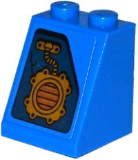 LEGO part Slope 65 2 x 2 x 2 with Bottom Tube with Crack and Gold Mechanical Coupling Pattern Model Right Side (Sticker) - Set 70754 3678bpb084R