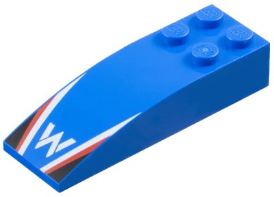 LEGO onderdeel Slope, Curved 6 x 2 with Williams Formula 1 Logo Stylized Capital Letter W, White and Red Stripes, Black Triangles Pattern (44126pb060)
