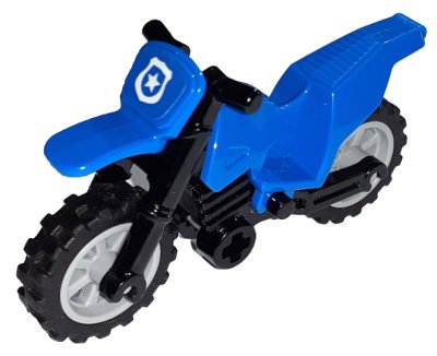 LEGO onderdeel Motorcycle Dirt Bike with Black Chassis (Long Fairing Mounts) and Light Bluish Gray Wheels with White Police Star Badge on Blue Background Pattern (Sticker) - Sets 60170 / 60172 (50860c11pb09)