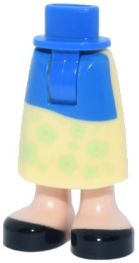 LEGO part Mini Doll Hips and Bright Light Yellow Skirt Long with Molded Light Nougat Legs / Boots and Printed Blue Apron, Yellowish Green Flowers and Black Shoes Pattern - Thick Hinge 59595c103pb01