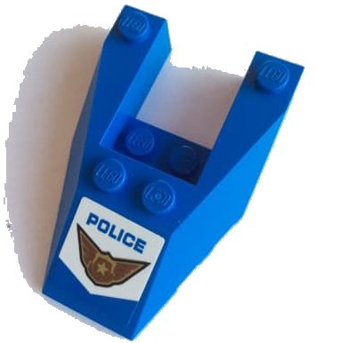 LEGO part Wedge 6 x 4 Cutout with Stud Notches with Blue 'POLICE' and Badge Pattern (Sticker) - Set 60208 (6153bpb12)